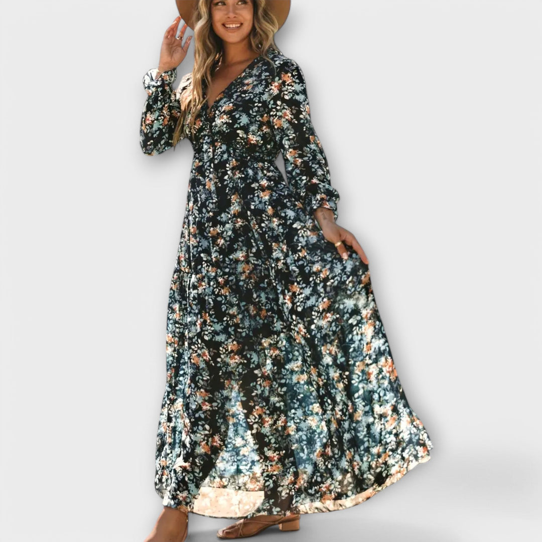 Armanda | Blomster V-Hals Maxi Kjole - My Store