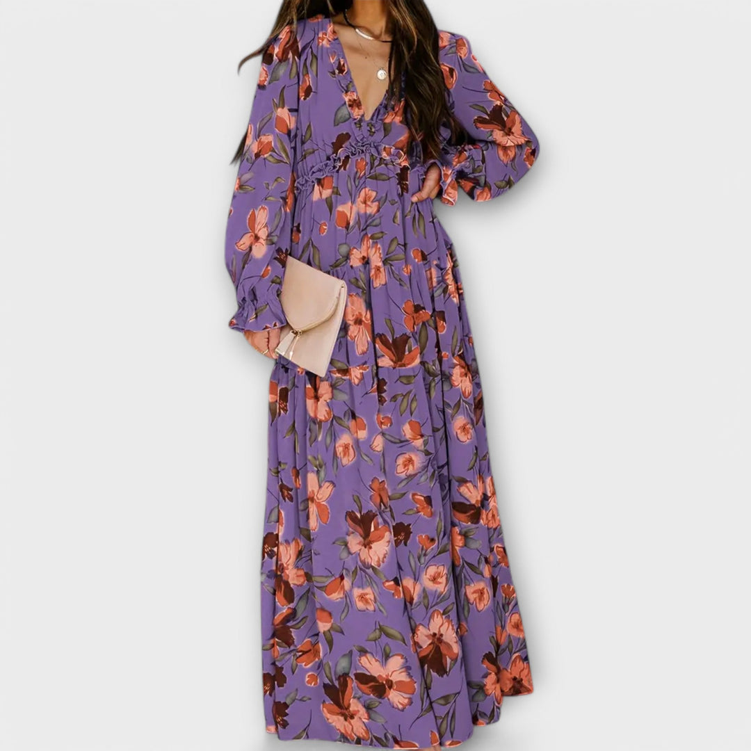 Armanda | Blomster V-Hals Maxi Kjole - My Store