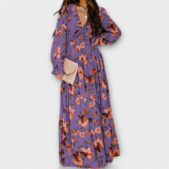 Armanda | Blomster V-Hals Maxi Kjole - My Store